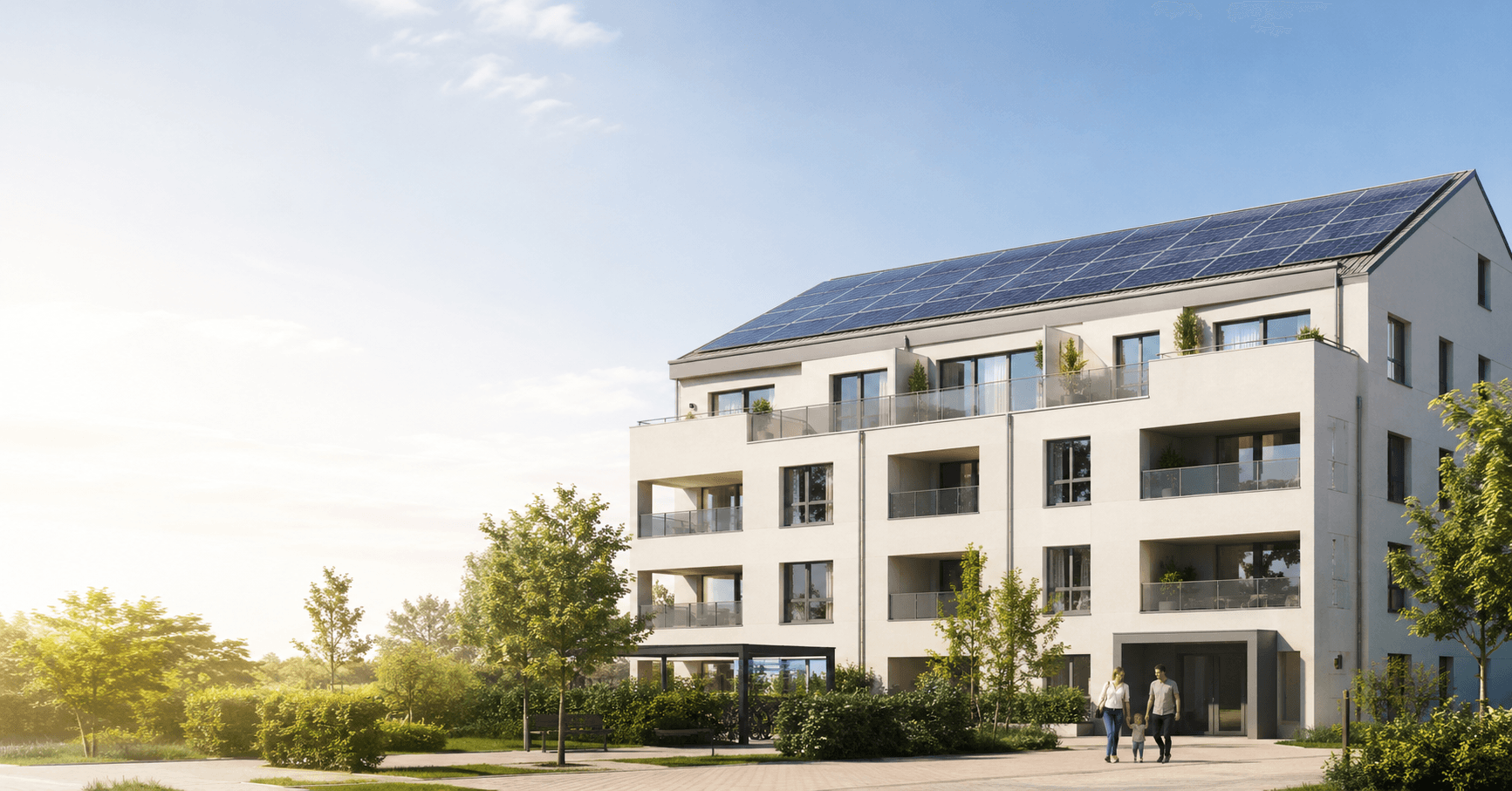 Modernes Mehrfamilienhaus mit Photovoltaik auf dem Dach
